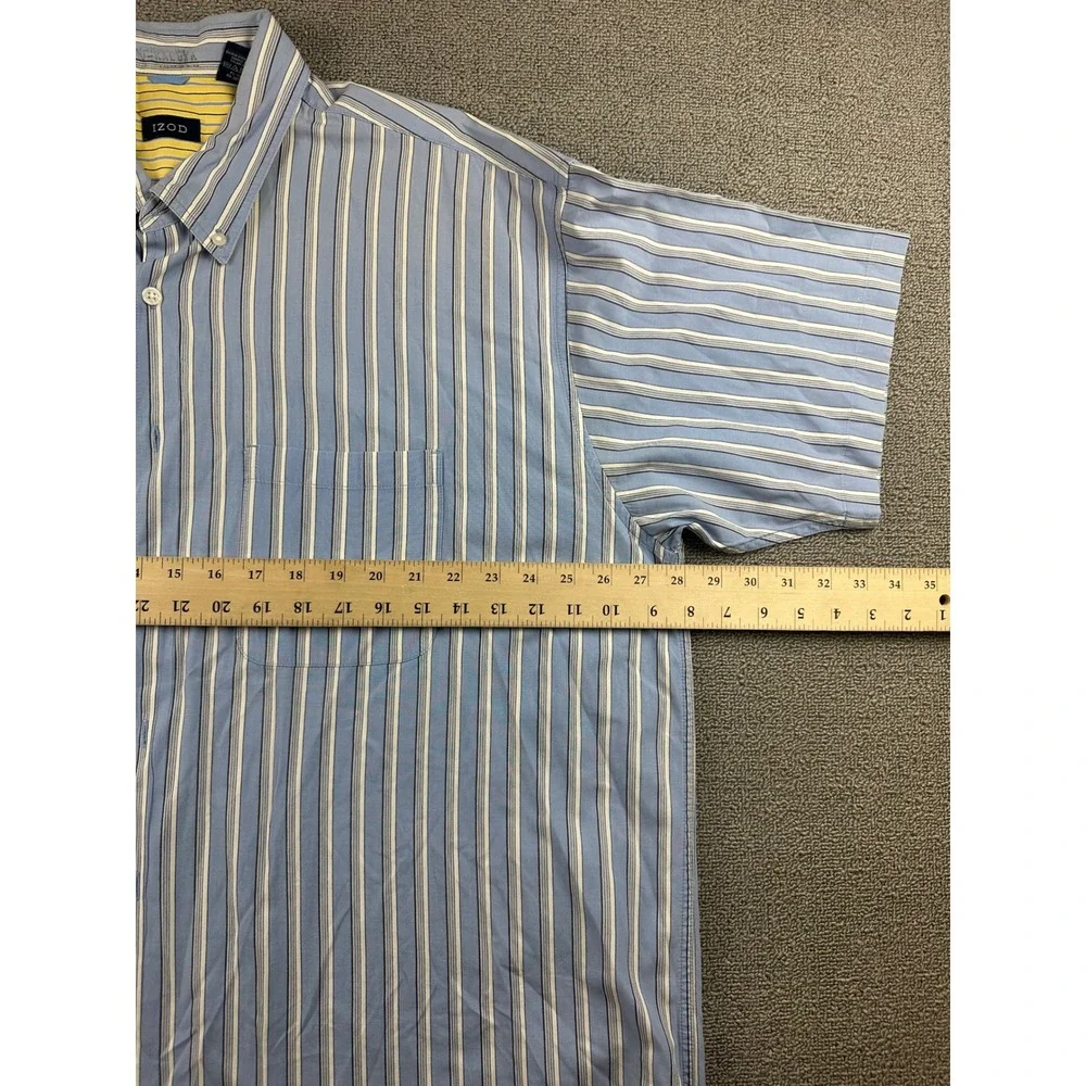 Y2K IZOD Button Front‎ Shirt Men XXL Blue White Striped Cotton Short Sleeve Work